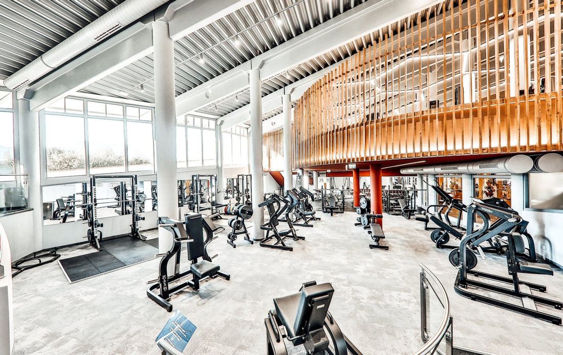 Heller Trainingsbereich eines Premium-Studios mit Holzlamellen-Galerie